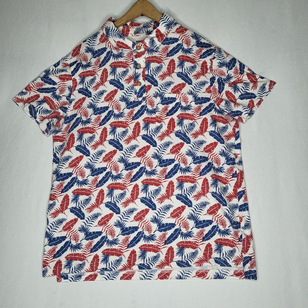 Sonoma Mens Large Red Blue Tropical Leaf Print Polo Shirt 100% Cotton